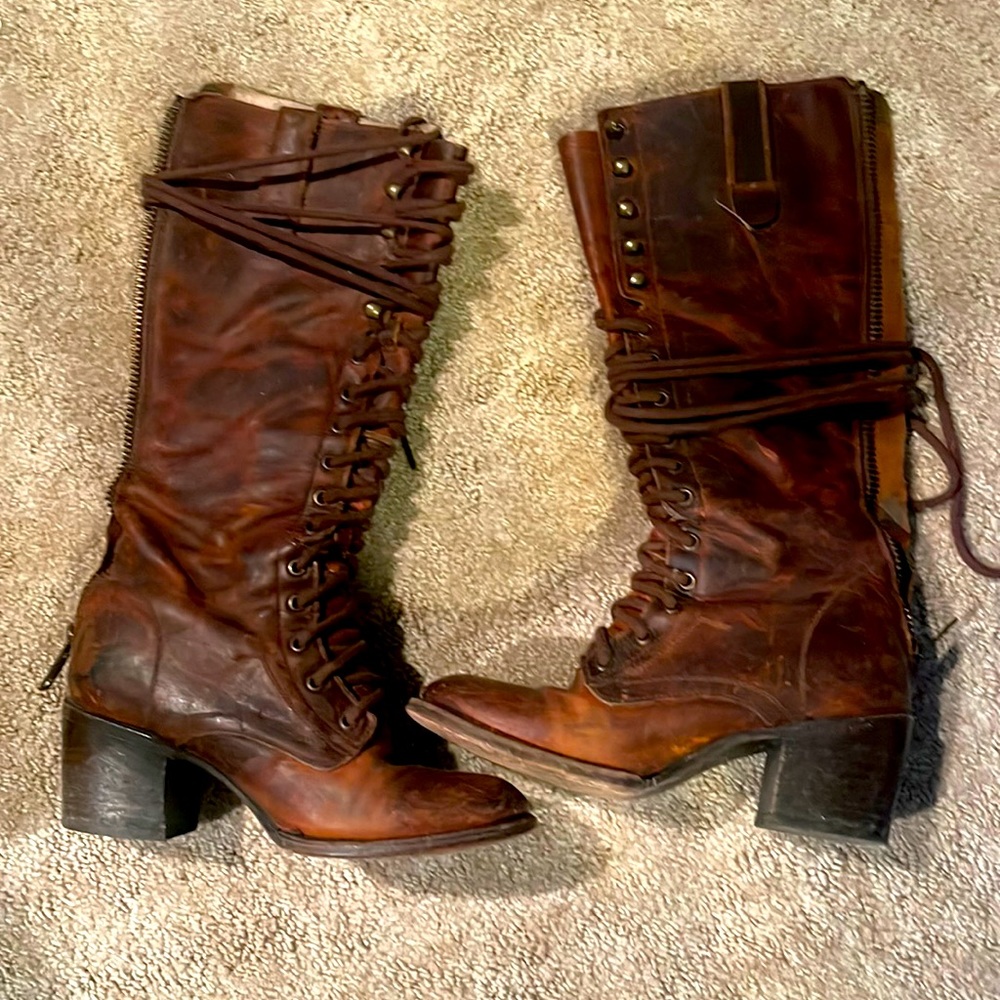 FREEBIRD BY STEVEN ORIGINAL GRANY GRANNY BROWN DISTRESSED LEATHER LACE UP BOOTS